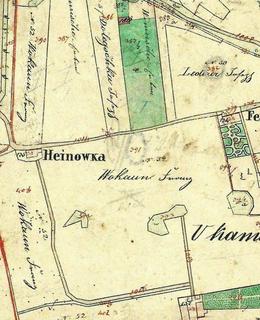Usedlost Šafránka (viz Heinowka) na mapě z počátku 40. let 19. století. Sousední Feslová je v Dykově ulici (archiv)