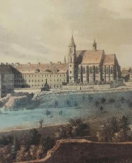 Kostel sv. Apolináře s porodnicí. V. Morstadt, kolorovaný lept, r. 1825