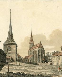 Okolí kostela sv. Štěpána před r. 1825, V. Morstadt, kolorovaný lept. Zdroj: MMP H 5148