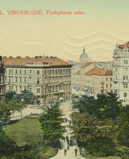 Starý Valdek na náměstí Míru, tehdy Purkyňově, vzadu kupole Národního muzea