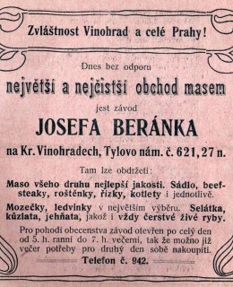 Beránek, inzerát, 1905. Zdroj: M. Frankl