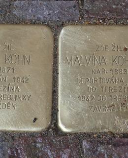 Oba kameny M. a V. Kohnových v dlažbě před domem Šumavská 24 (Foto M. Polák)