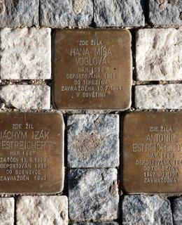 Pětice kamenů zmizelých zasazených do dlažby v Gorazdově ulici (Foto M. Polák, 2021)