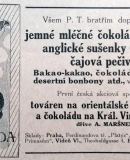 Ples VII - Šibřinkový list. Reklama na čokoládu 1914