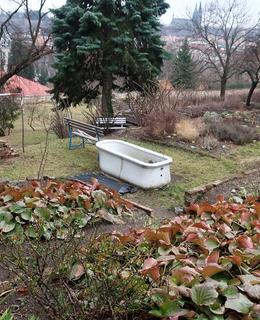 Od vany je hezký výhled do zahrady i na Albertov (Foto M. Polák, 2022)