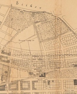 Riegrovy sady. Zahrada Kanálka a budoucí městský sad, Stav 1895. Zdroj: archiv M. Frankla