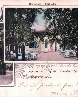 Riegrovy sady. Obelisk, restaurace u rozhledny, pohlednice, 1905. Zdroj: archiv M. Frankla