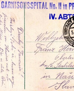 Rub pohlednice s razítkem vojenského lazaretu, 1915. Zdroj: archiv M. Frankla