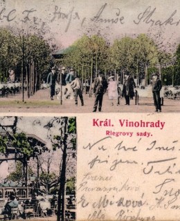 Zahradní restaurace a hudební pavilon v Riegrových sadech. Pohlednice 1905. Zdroj: archiv M. Frankla