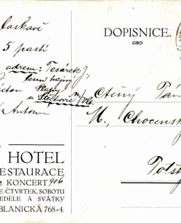 Vinárna Baška v Blanické. Pohlednice 1916, rub. Zdroj: archiv M. Frankla