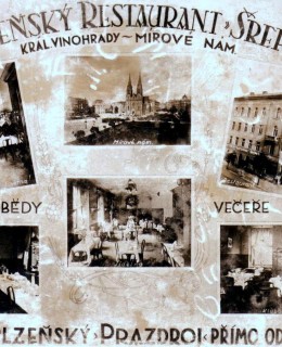 Plzeňský restaurant Šrepl. Pohlednice. 1938. Zdroj: archiv M. Frankla