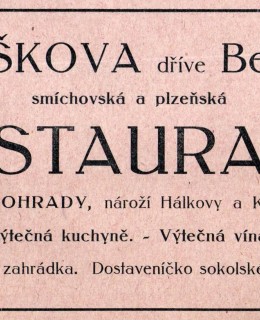 Reklama na Hruškovu restauraci, 1914. Zdroj: archiv M. Frankla