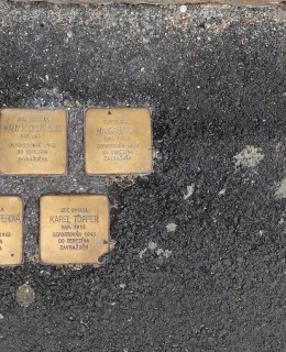 Kameny zmizelých před domem v ulici Na Bojišti 16 (Foto M. Polák, 2023)