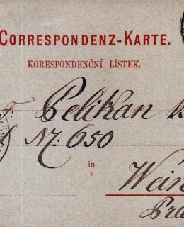 Pošta III - Korespondeční lístek z r. 1883 panu F. Pelikánovi na Král. Vinohradech