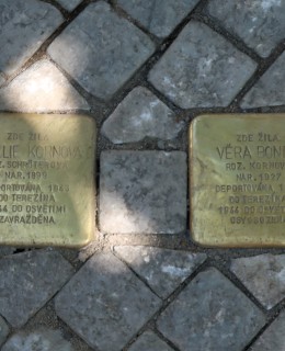 Rozmístění kamenů zmizelých pře domem v Londýnské ulici 28. (Foto M. Polák, červen 2025)