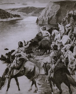 Ilustrace Věnceslava Černého z 1. vydání pověstí. Poslové hledají místo pro Vyšehrad.