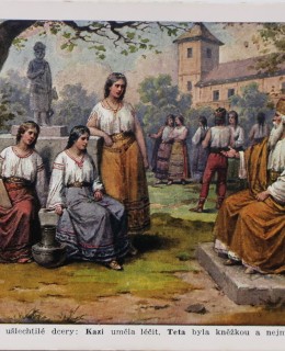 Krok s dcerami na pohlednici Historie českého národa v obrazech (Sbírka M. Polák)