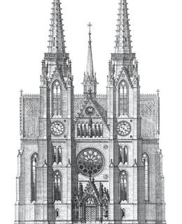 Kostel sv. Ludmily, hlavní průčelí. dle návrhu J. Mockera, 1889. Zlatá Praha