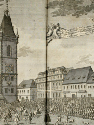 Severovýchodní část Karlova náměstí (Dobytčí trh) s Žitnou ulicí při vítání Marie Terezie Habsburské 1743